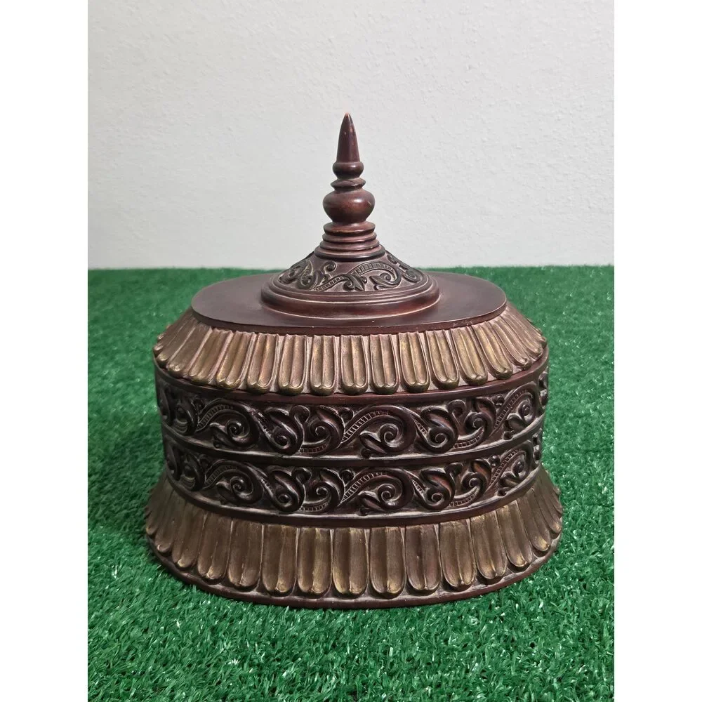 Vintage Ornate Bronze Tone Resin Trinket Box Large Oval Storage Container with